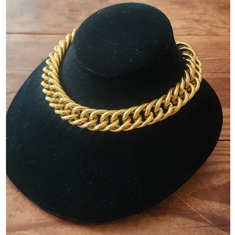Vintage 80s Anne Klein Chunky Cuban Chain Link Choker Necklace Gold Tone