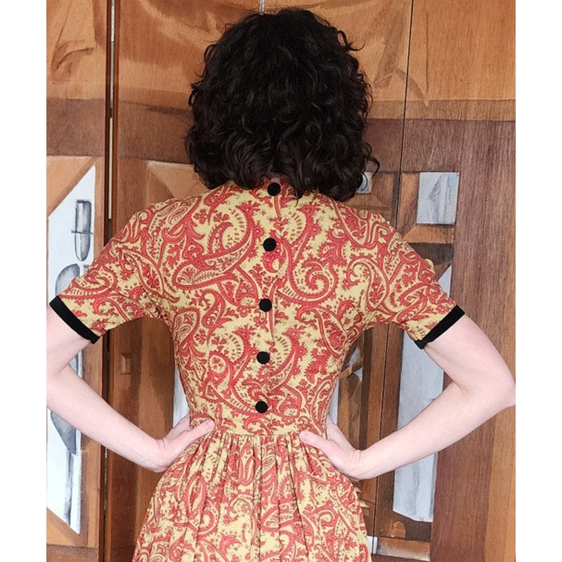 Vintage 50s Orange Paisley Print Midi Dress Carole King Junior Fashions / XS