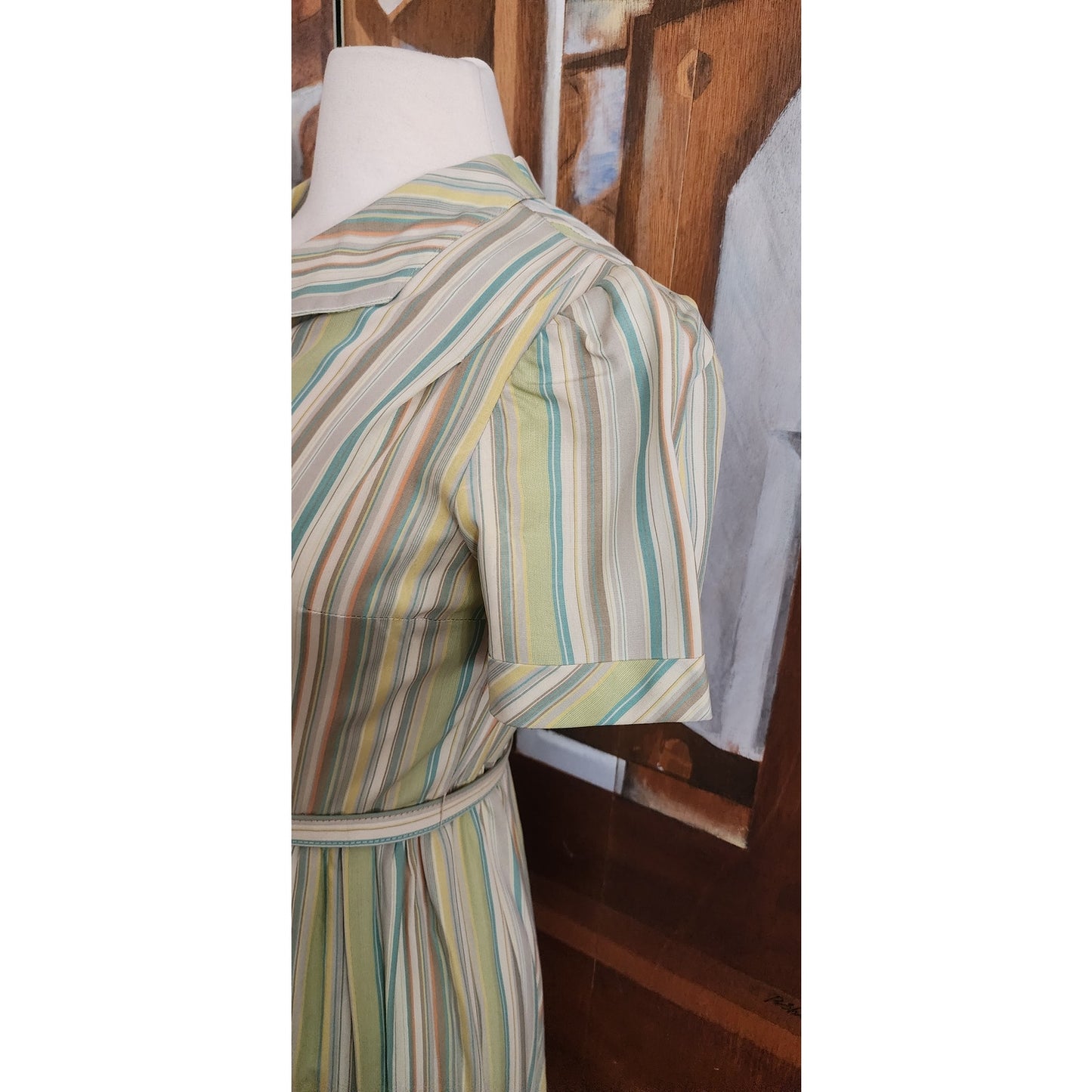 Vintage 40s 50s Pastel Green Blue Striped Day Dress w/Pocket & Belt Short Sleeves