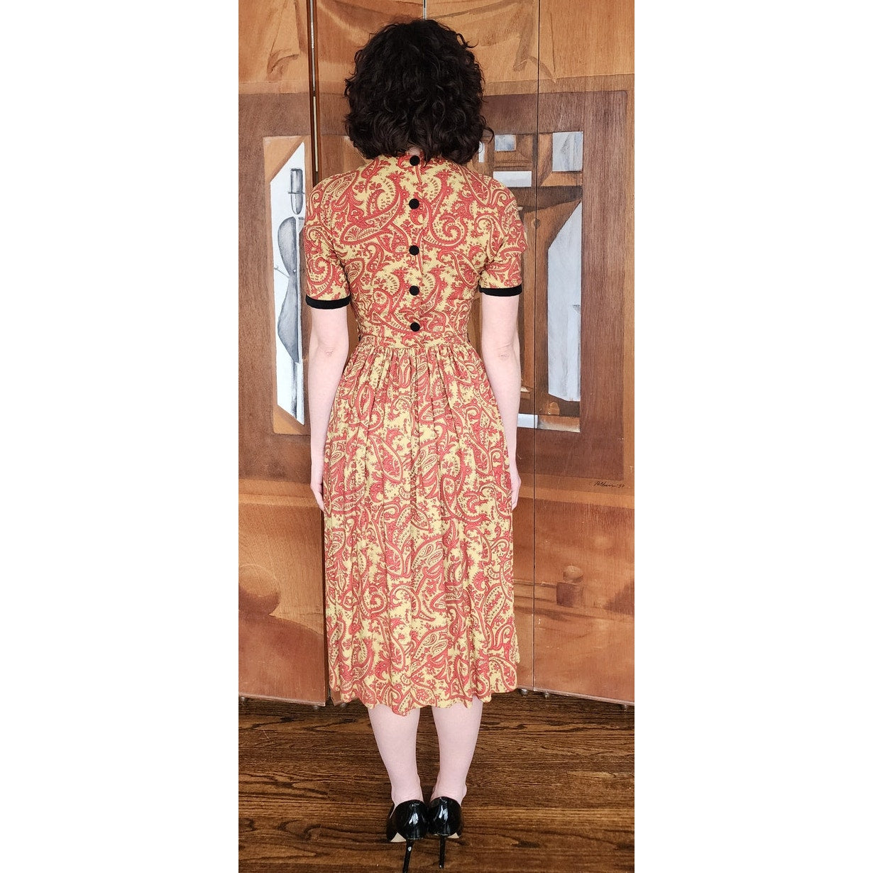 Vintage 50s Orange Paisley Print Midi Dress Carole King Junior Fashions / XS