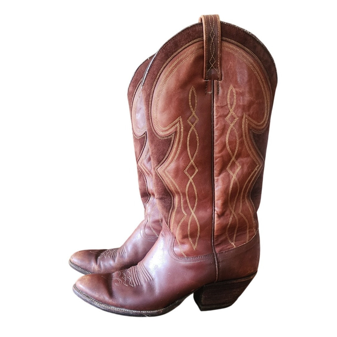 Vintage Dan Post Women's Cowboy Boots Embroidered Brown Leather & Suede Size 7 1/2