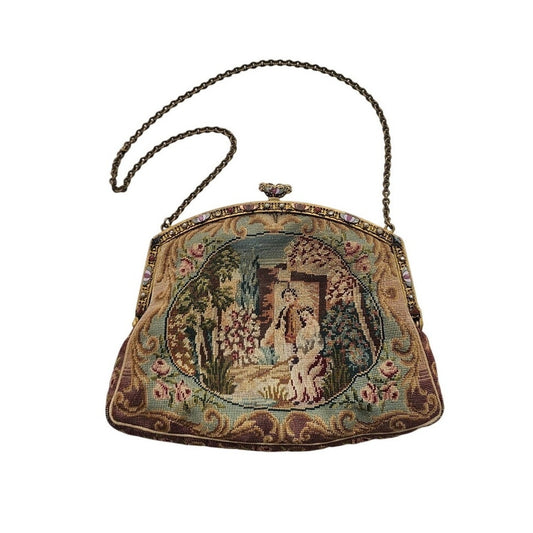 Antique French Handbag Tapestry Weave w/Enameled Frame Pastoral Rococo