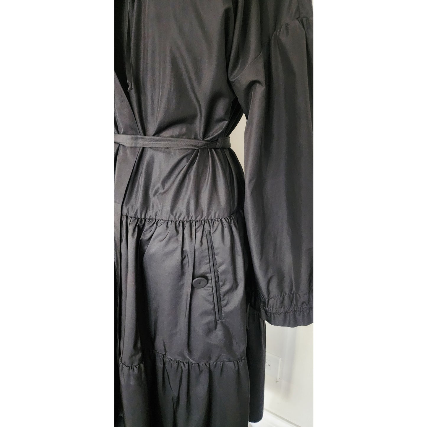 Vintage 2000s Sonia Rykiel Coat Dress / Black Trench Belted Raincoat Ruffled Skirt + Hood / M