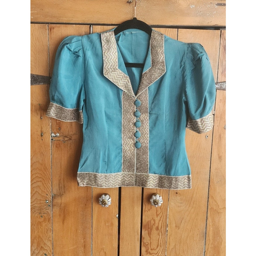 Vintage 30s Pants Top Set Play Suit Playwear Blue Silk, Silver Embroidery