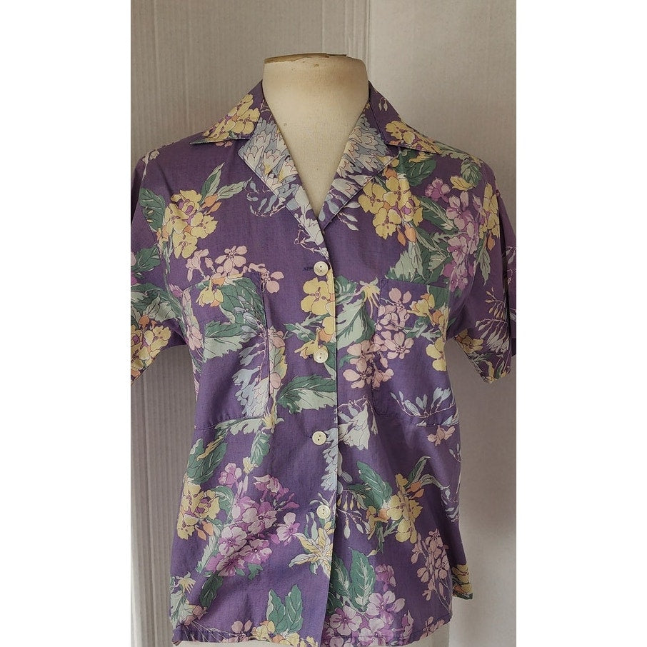 Vintage 80s Laura Ashley Blouse Purple Floral Print Shirt