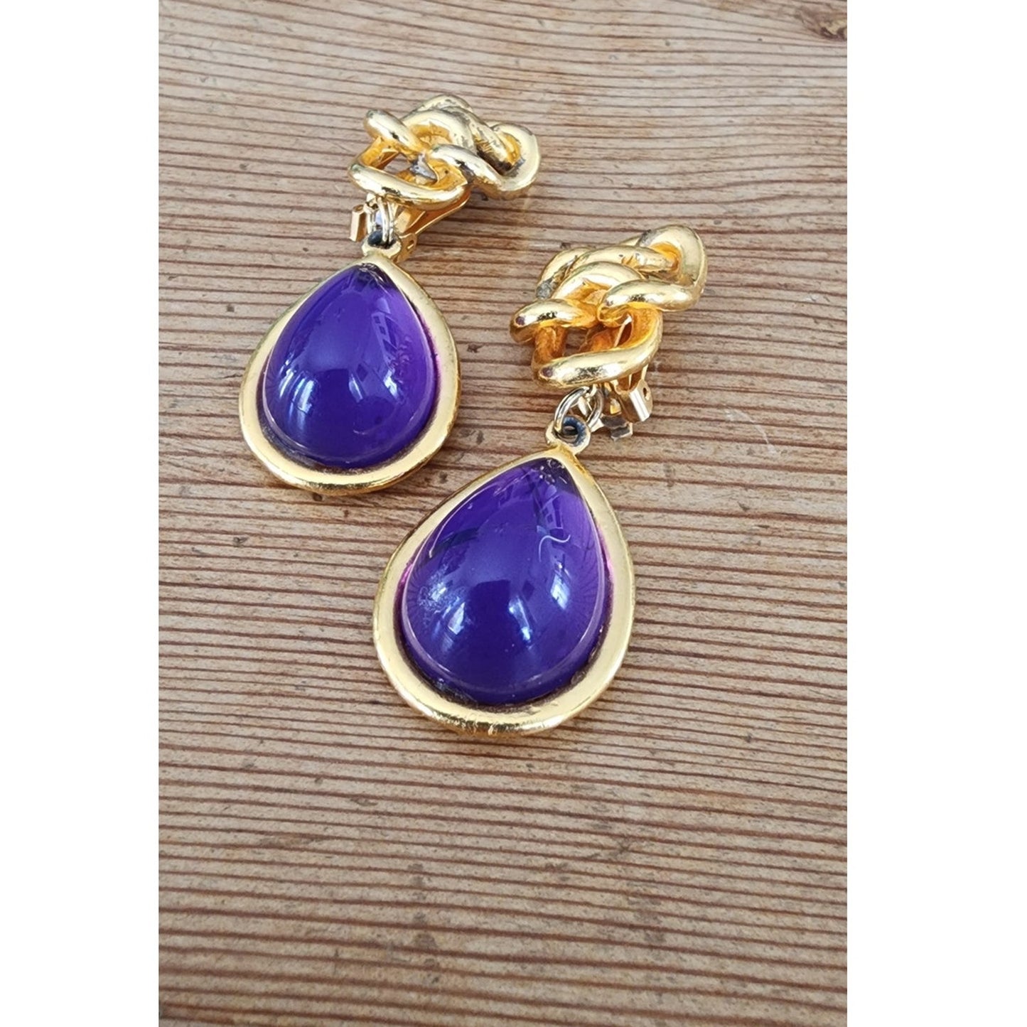 Vintage 1980s Clip Earrings Gold Purple Teardrop Etruscan Revival Chunky Oversized