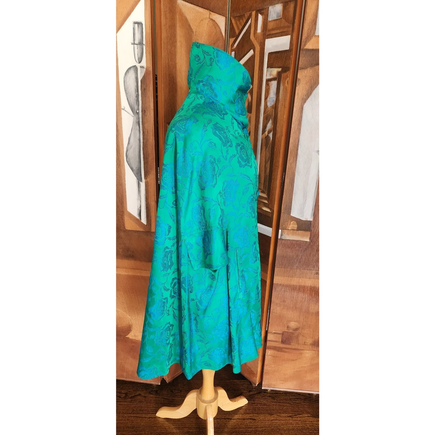 Vintage 60s Swing Coat Short Cape Style Jacket Blue Floral Brocade