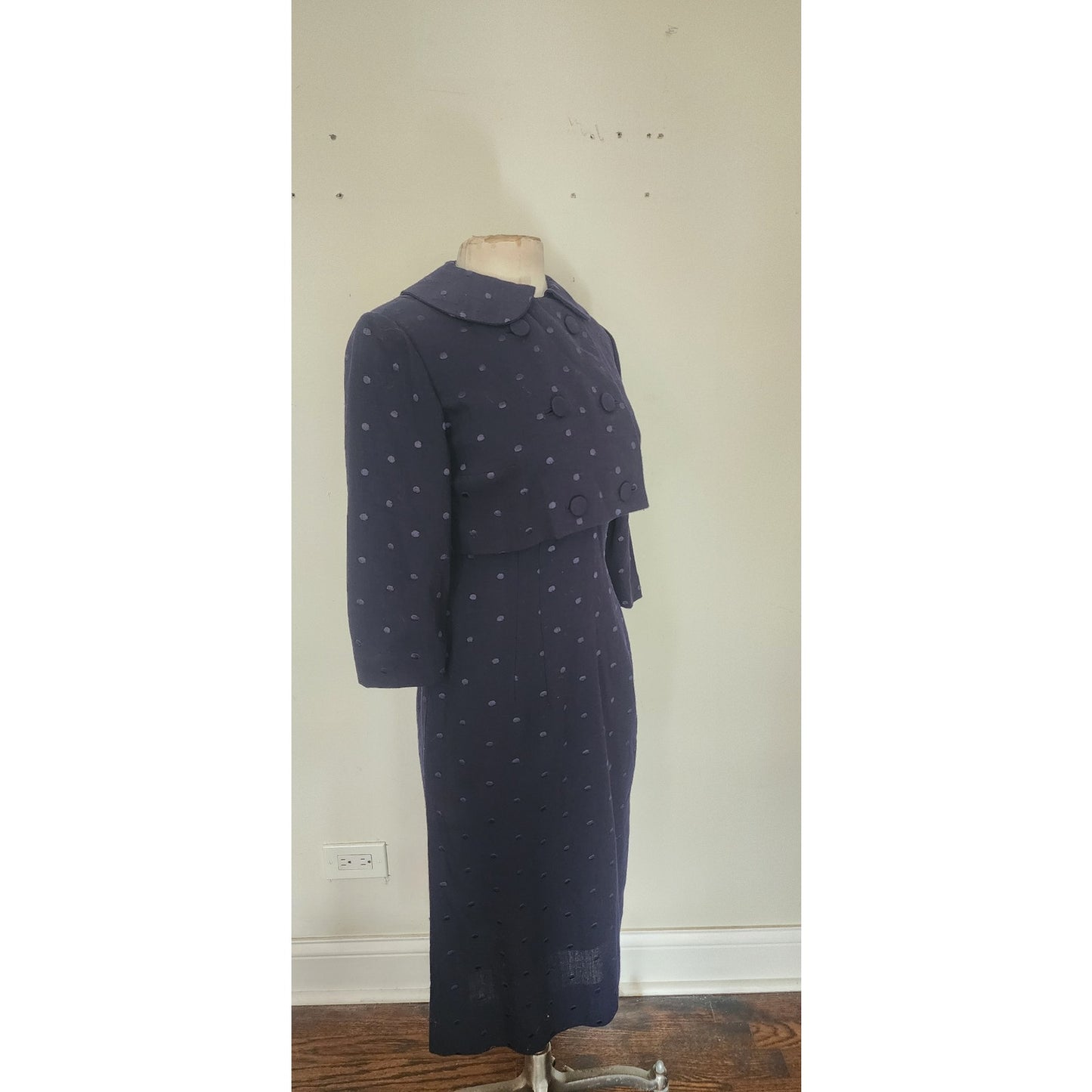 Vintage 50s Dress Jacket Suit Set Navy Blue Polkadot Wool Silk Bombshell Wiggle Viva Las Vegas