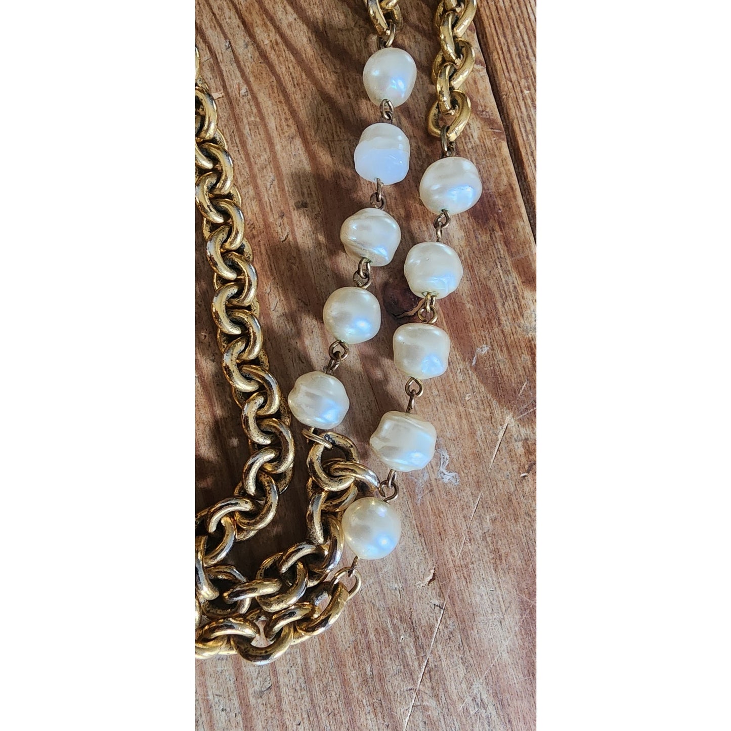 Vintage Chanel 1984 Necklace Double Strand Gold Chain Baroque Pearl Documented Runway Lagerfeld Era