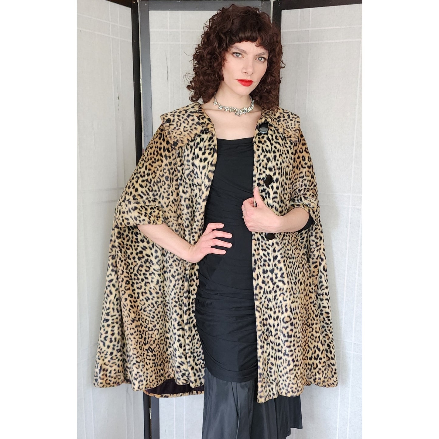Vintage 60s Animal Print Cape Leopard Faux Fur Cloak Poncho Swing Style Coat