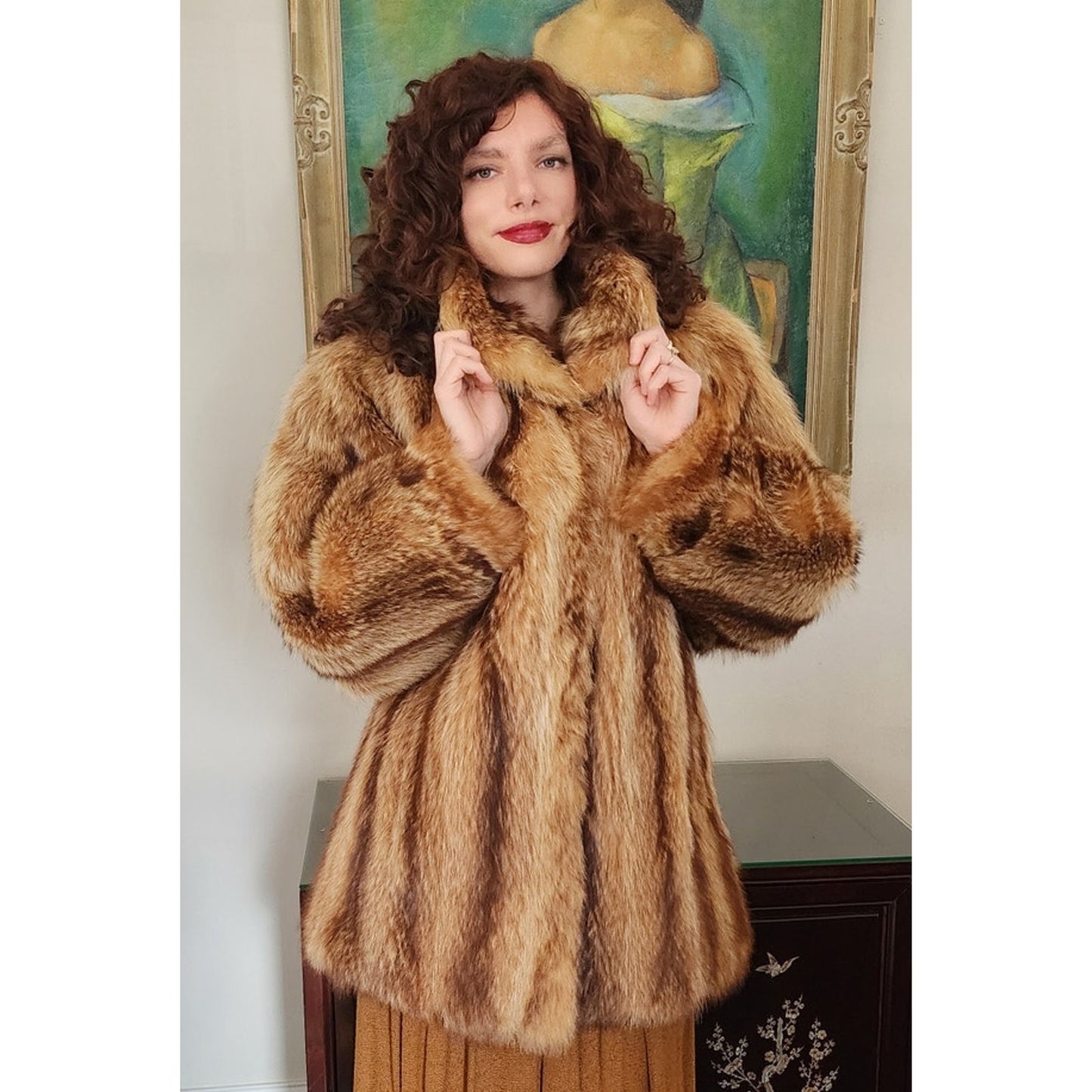 Vintage 1970s Fox Fur Jacket Hip Length Striped Boho / L