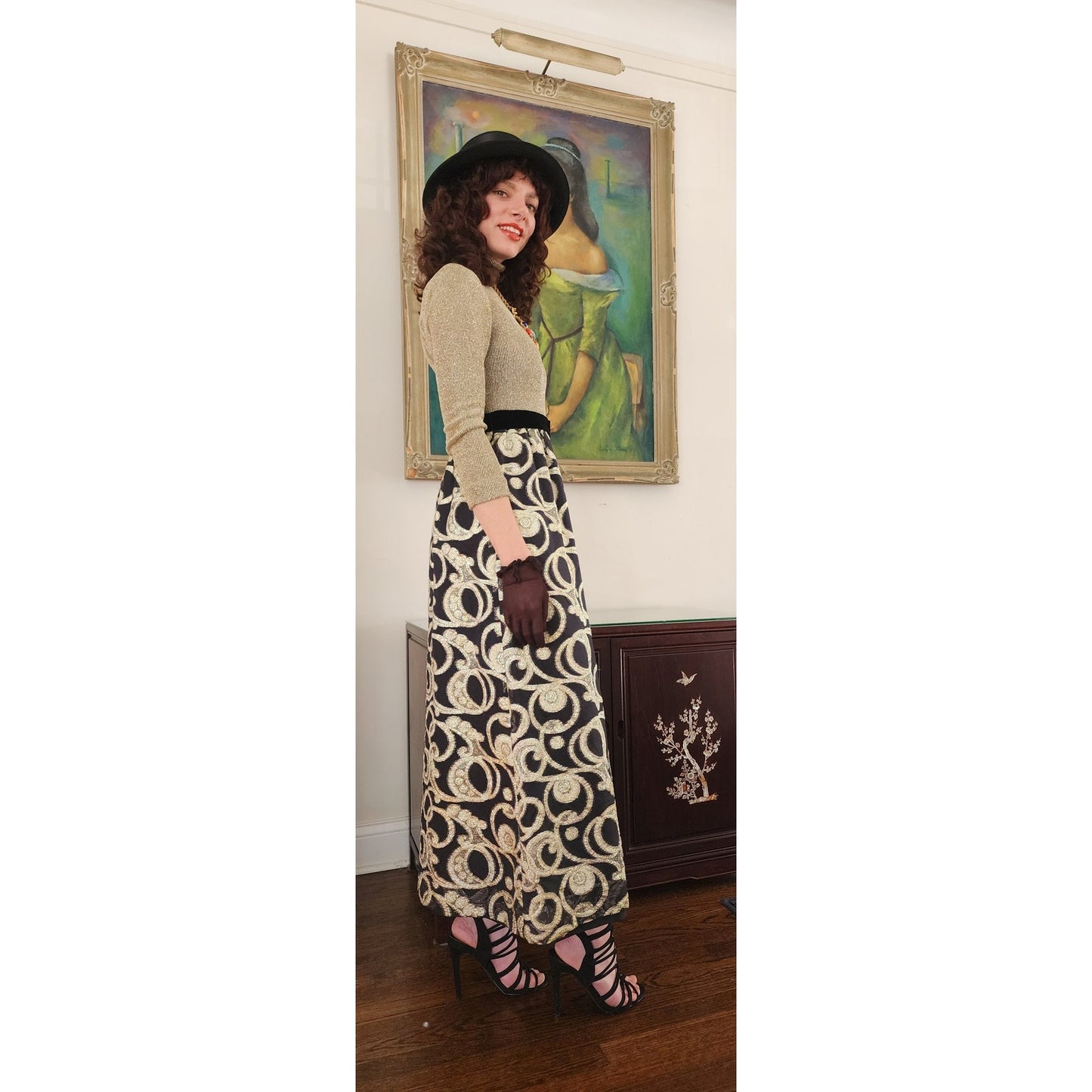 Vintage 1970s Gold & Black Maxi Dress Metallic Spiral Swirl / S