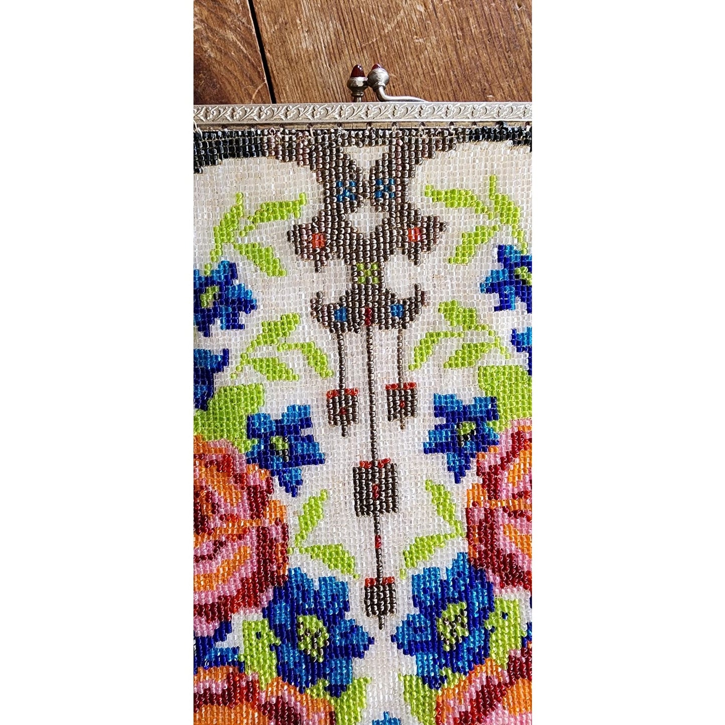 Antique Glass Bead Bag Edwardian Purse Floral Rose Pattern