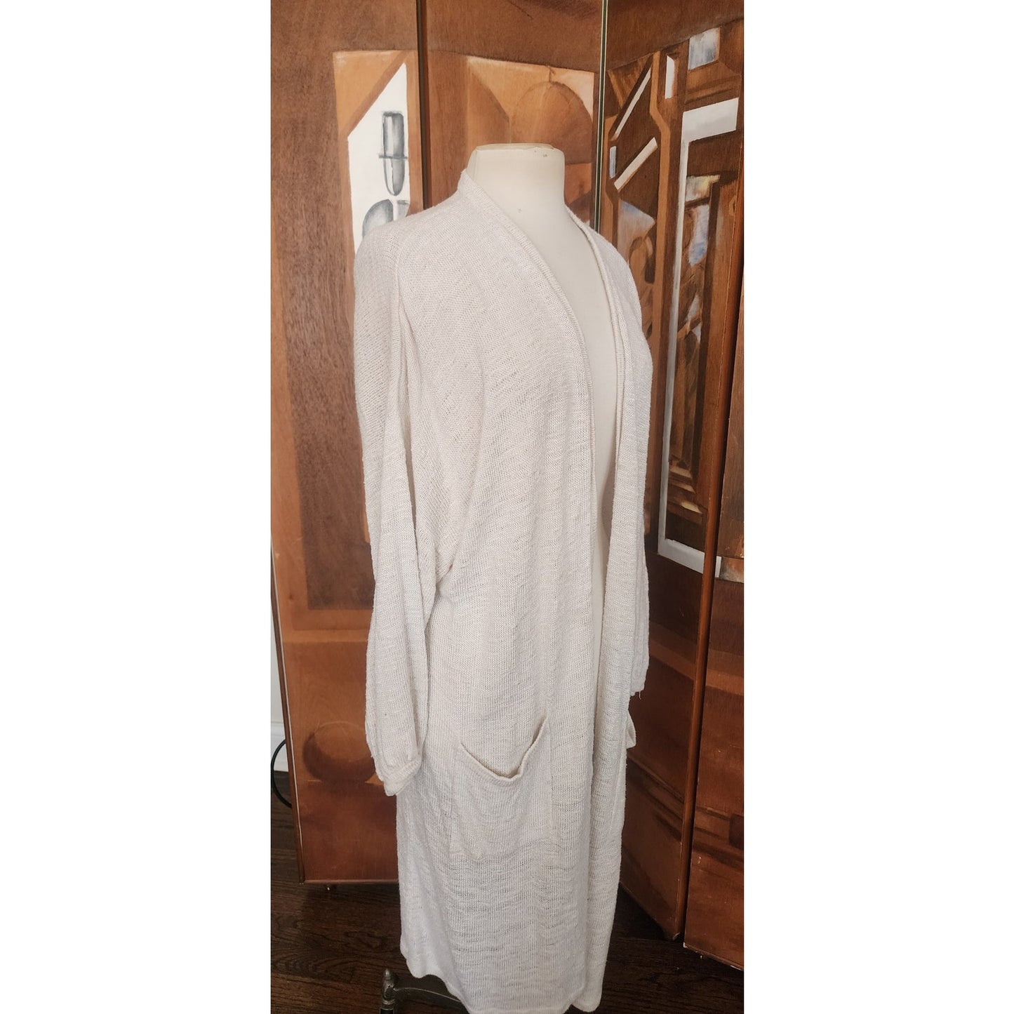 Vintage 1980s Maria Rodriguez Chicago Cardigan Duster Long Jacket Cream Knit L