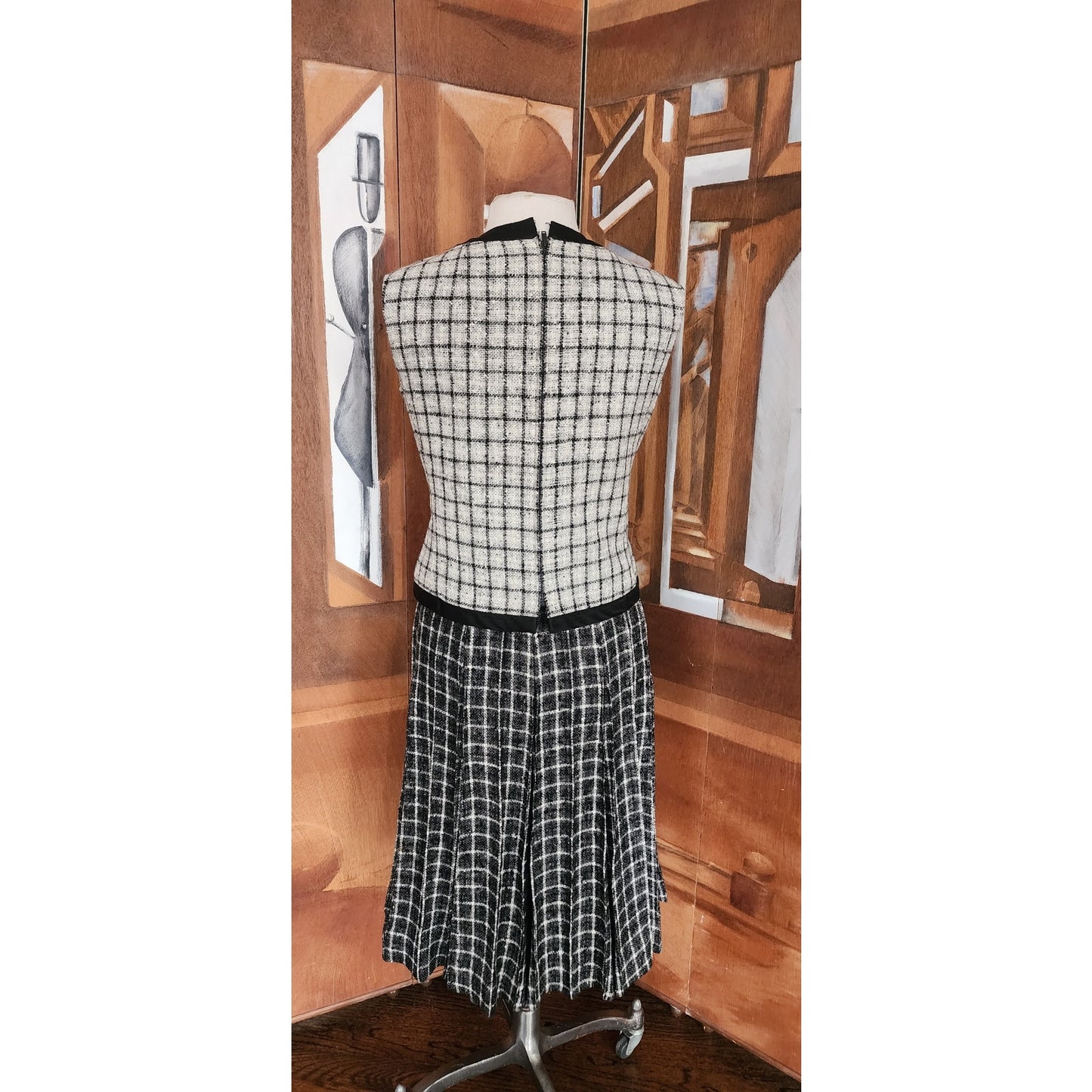 Vintage 1960s Mod Suit Pleated Midi Skirt + Top Gray Black Wool Tweed Geometric Schoolgirl