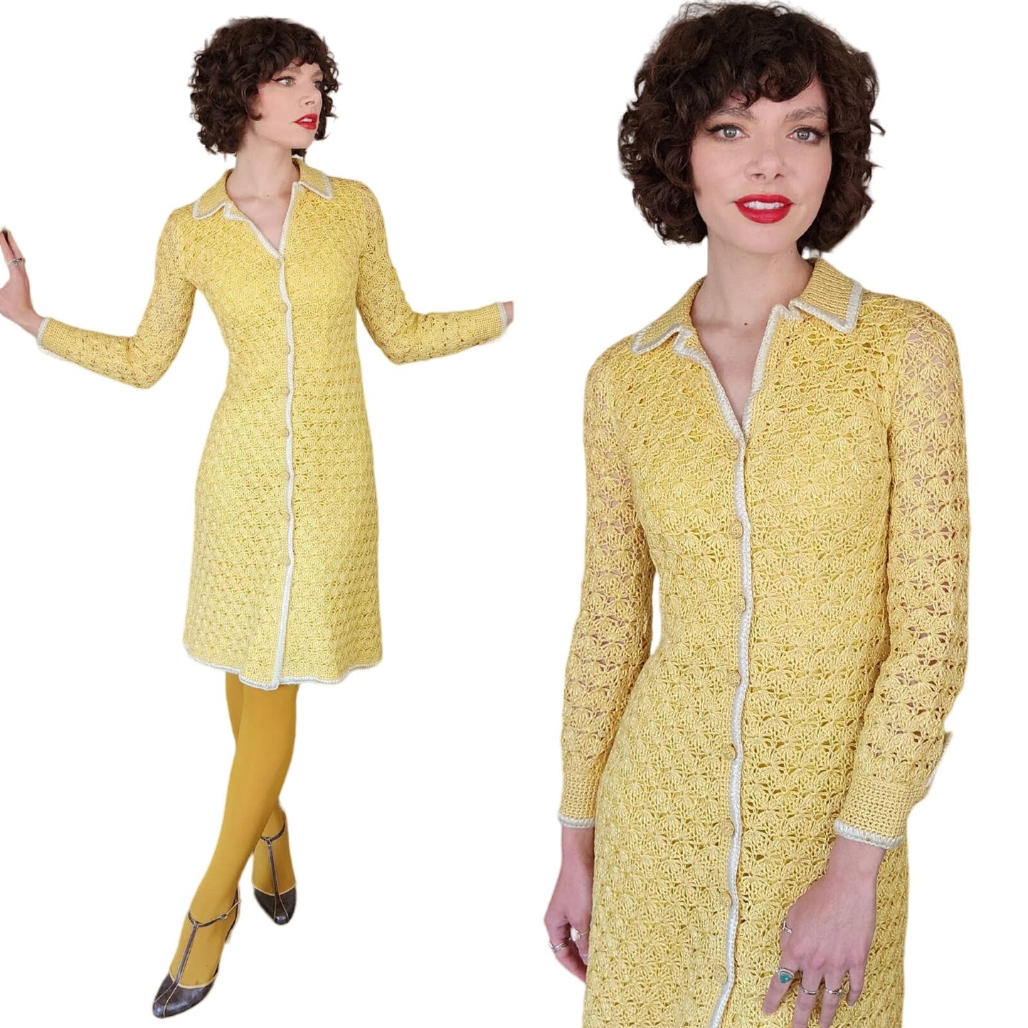 Vintage 60s Yellow Knit Dress Button Down Front Handmade France