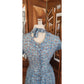 Vintage 1950s Blue Floral Rayon Midi Dress Fit and Flare Short Sleeve / S