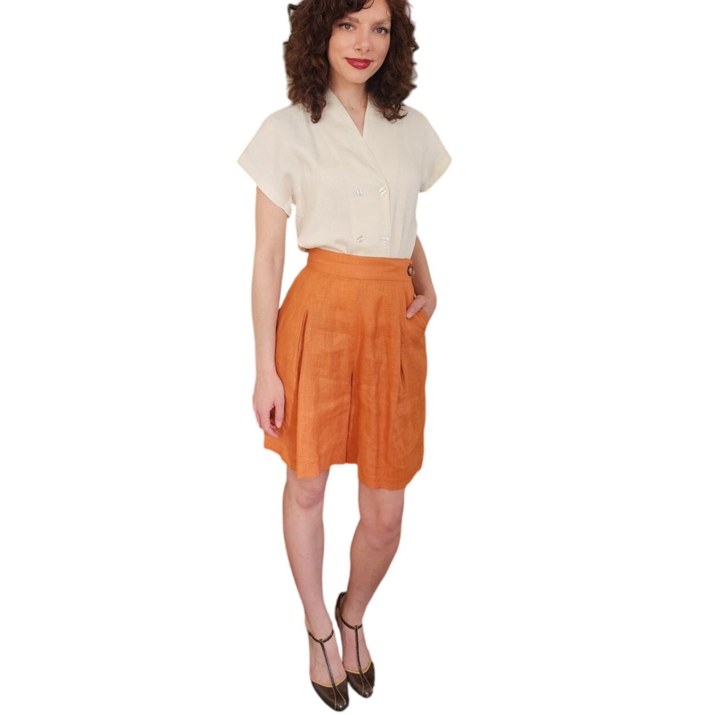 Vintage 1980s Orange Linen Dress Shorts Pleated Front by Perlie / M