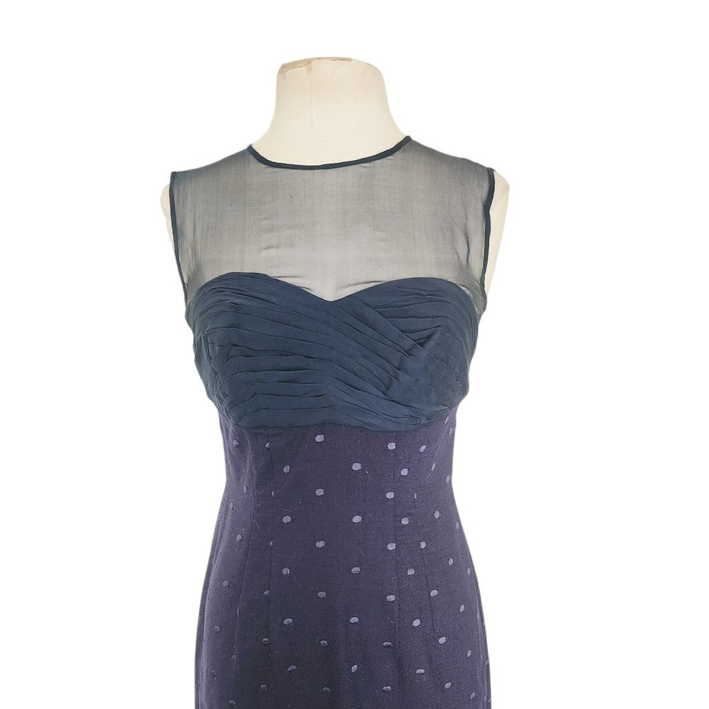 Vintage 1950s Dress + Jacket Suit Set Navy Blue Polkadot Wool Silk / M