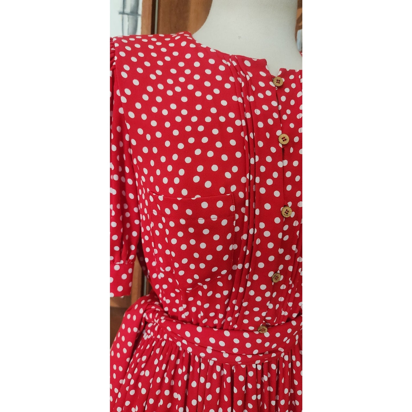 Vintage 1980s Sonia Rykiel Dress Red Polka Dot Rayon Short Sleeved Midi w/Belt