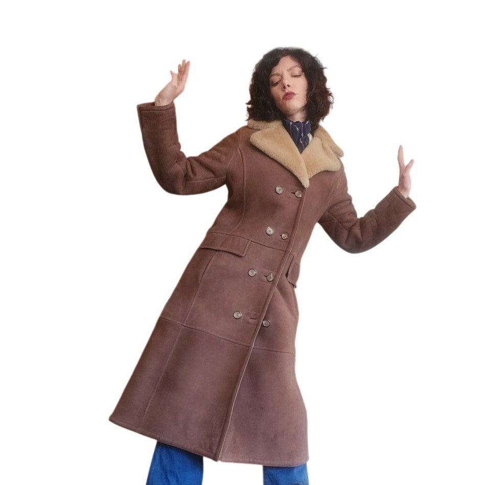 Vintage 70s Shearling Coat Brown Suede Long Parka Double Breasted