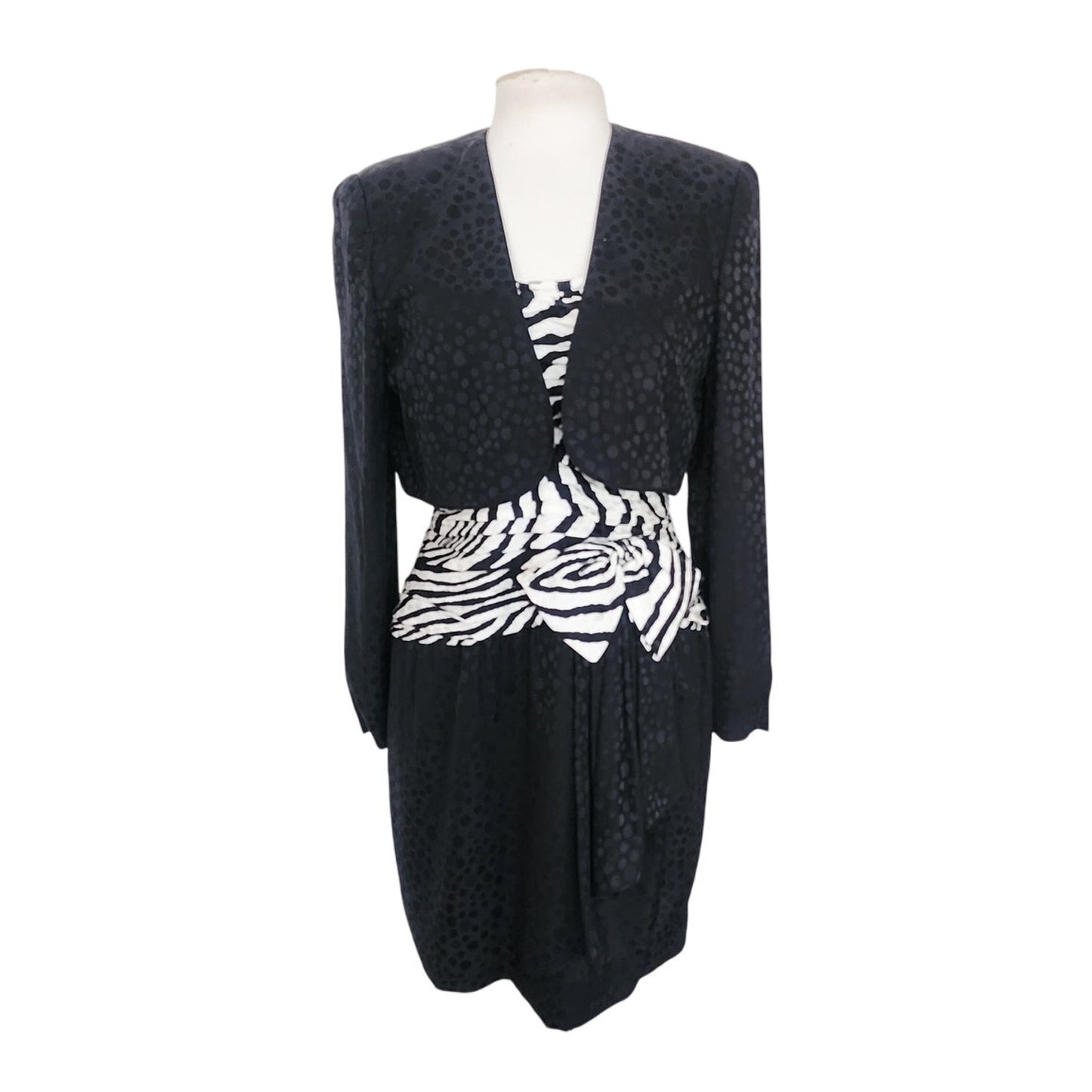 Vintage 1980s AJ Bari Strapless Dress Bolero Jacket Suit Set Zebra Print Black White Silk / M