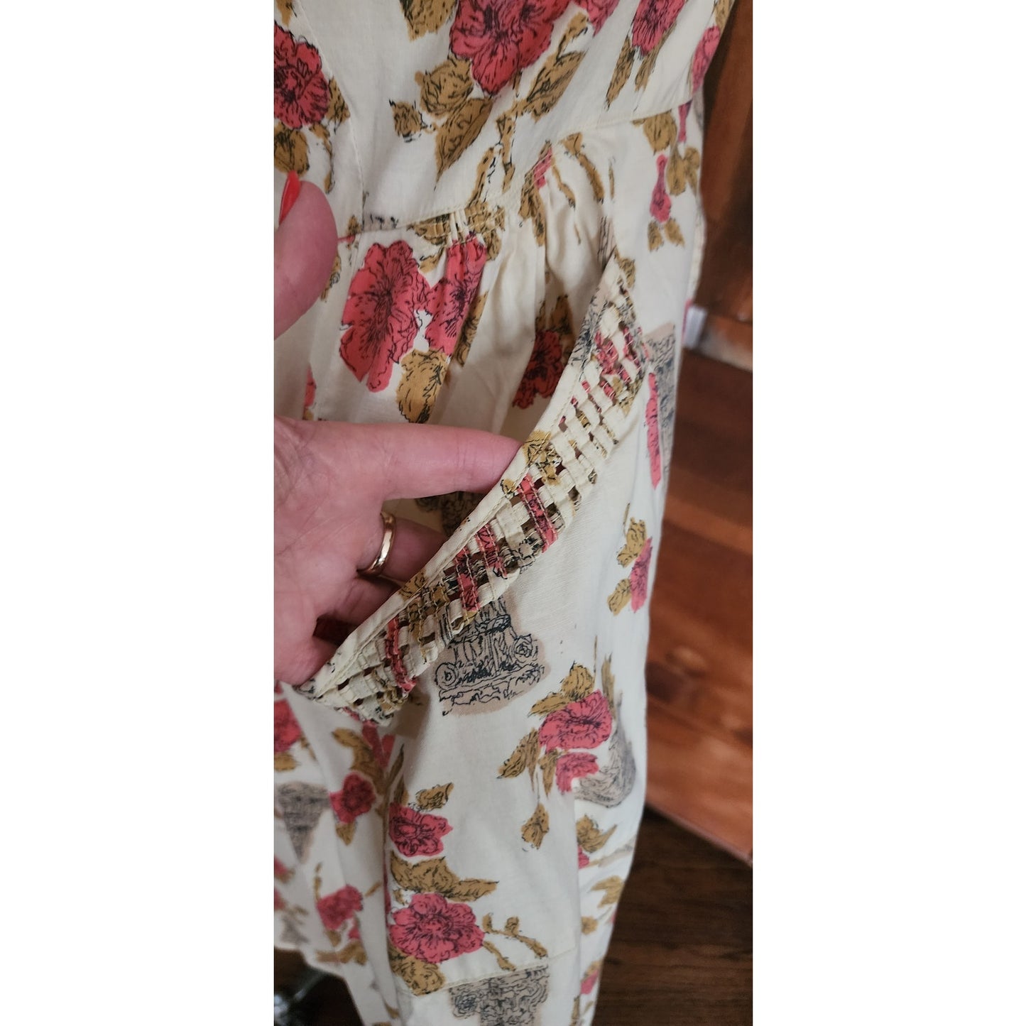 Vintage 50s Swirl Wrap Dress Cotton Rose Classical Columns Print Apron Housewife Full Skirt Pockets