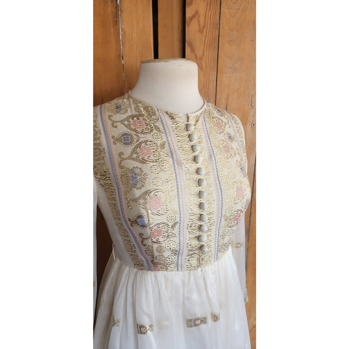 Vintage 1970s Boho Dress White Gold Brocade Embroidery Indian Style Chuck Howard