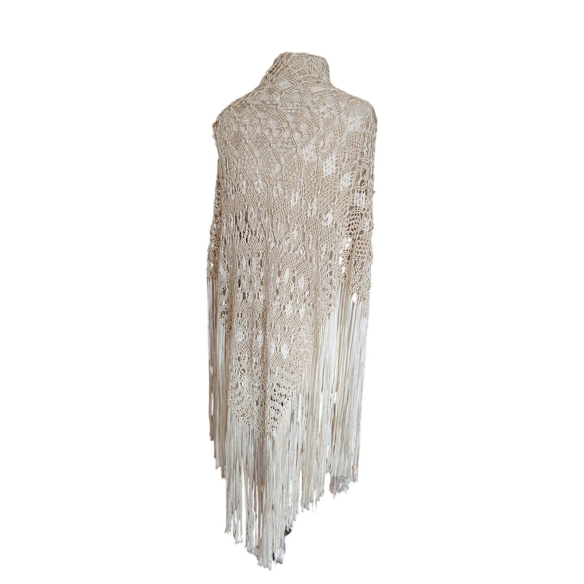 Vintage Cream Crochet Lace Piano Shawl Oversized Macrame Silk Ribbon Wrap Fringed
