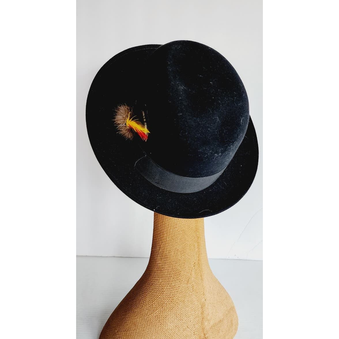 Vintage 60s Mens Fedora Stetson Hat Black Wool Orange Feather 7 3/8