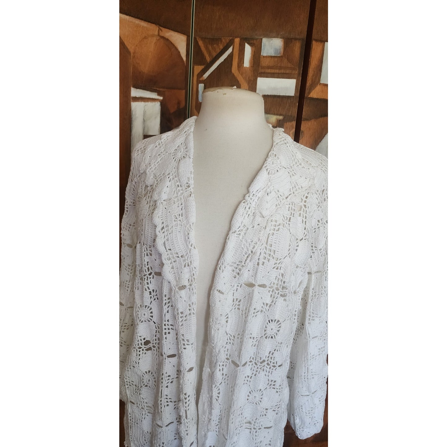 Vintage Crochet Blazer White Openwork Knit Cardigan Jacket w/Collar