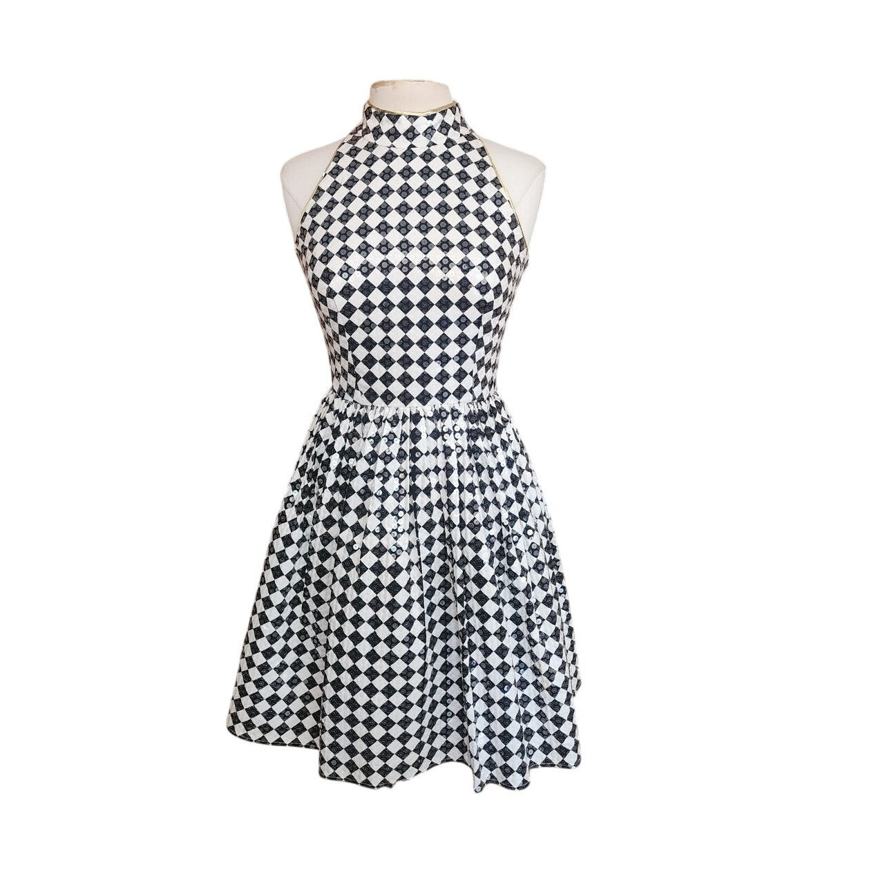 Vintage 80s Morton Myles Dress Mod Black White Checkerboard Print Sleeveless Shift Shiny Clear Sequins