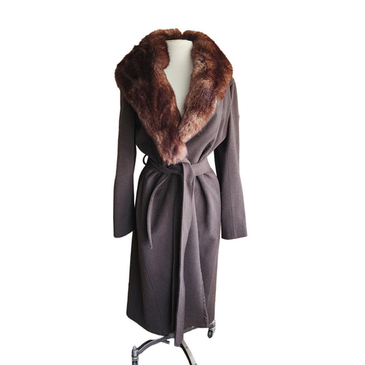 90s Brown Wool Coat Faux Fur Collar Ralph Lauren