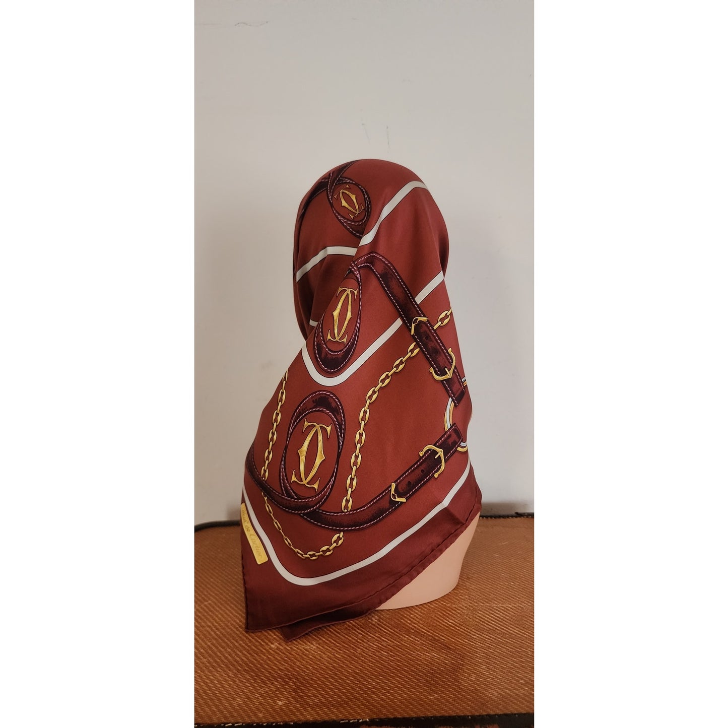 Vintage CARTIER Silk Scarf Brown & Gold Print Square