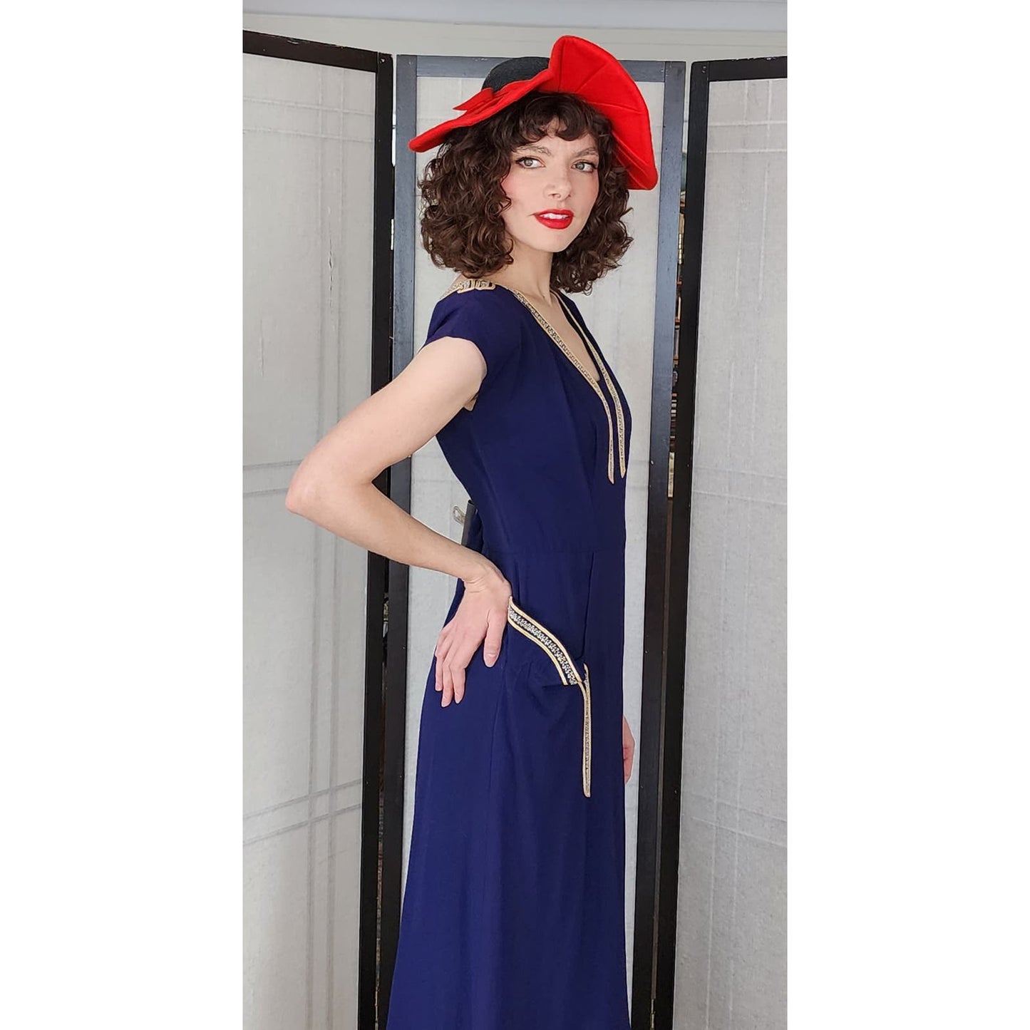 Vintage 40s Navy Blue Dress Beaded Rayon