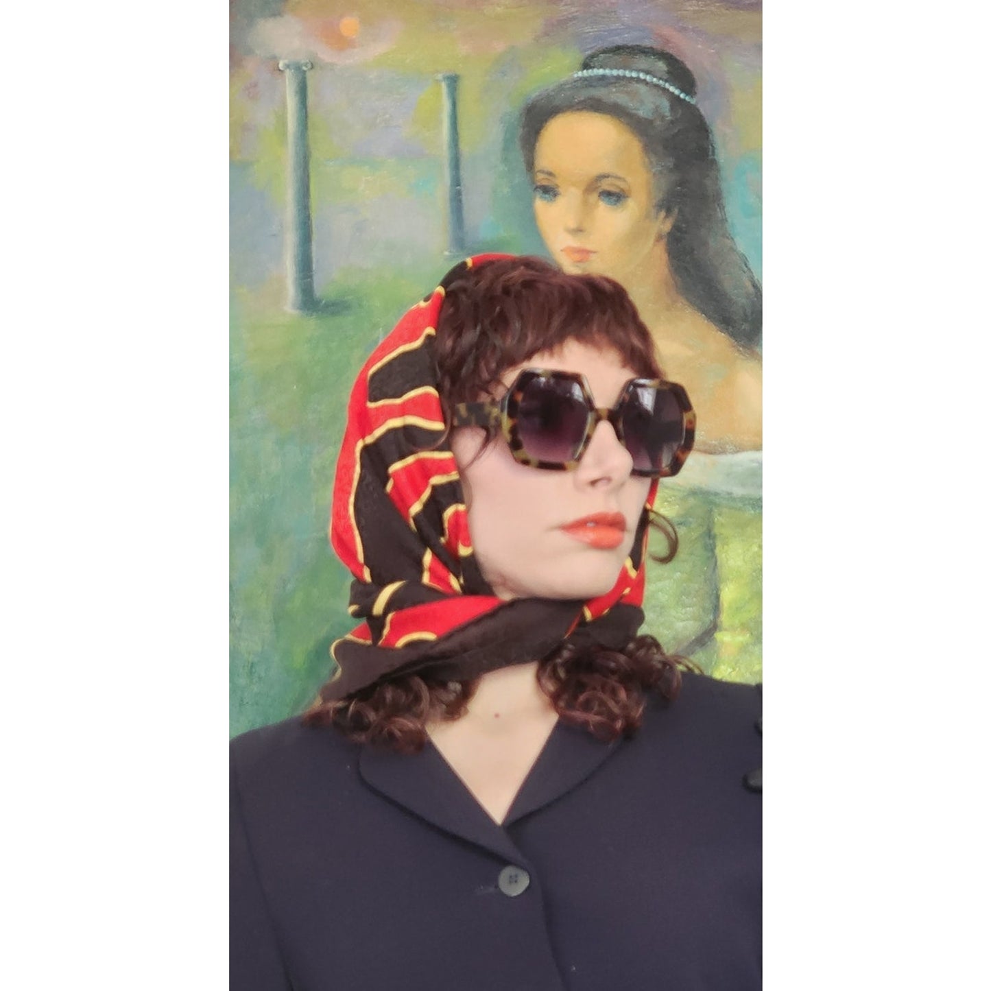 Vintage St John Knit Scarf Silk Print Square Red Black Gold Square