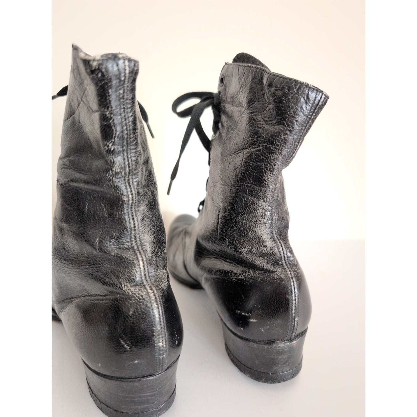 Antique Lace Up Ankle Boots Black Leather Edwardian  / 6.5