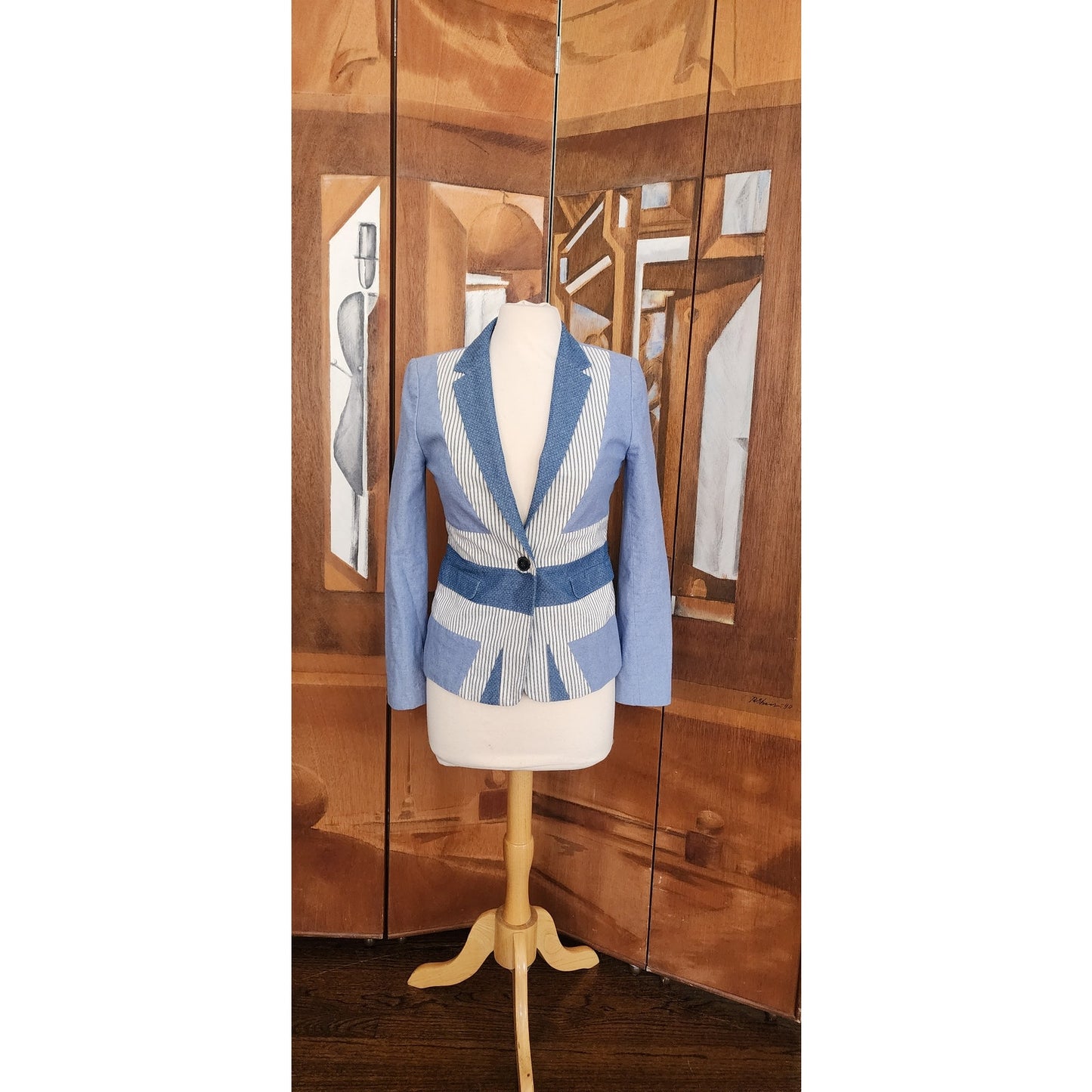 Jack Wills Blue and White Patchwork Denim Blazer, Fitted Single Button