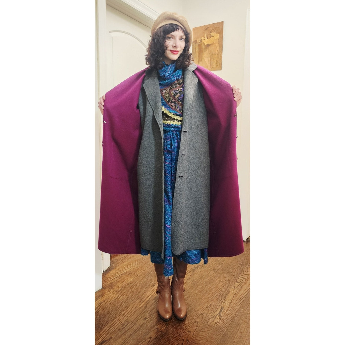 Vintage 1980s Purple Wool Coat Perry Ellis Portfolio w/Removable Gray Liner Vest Duster