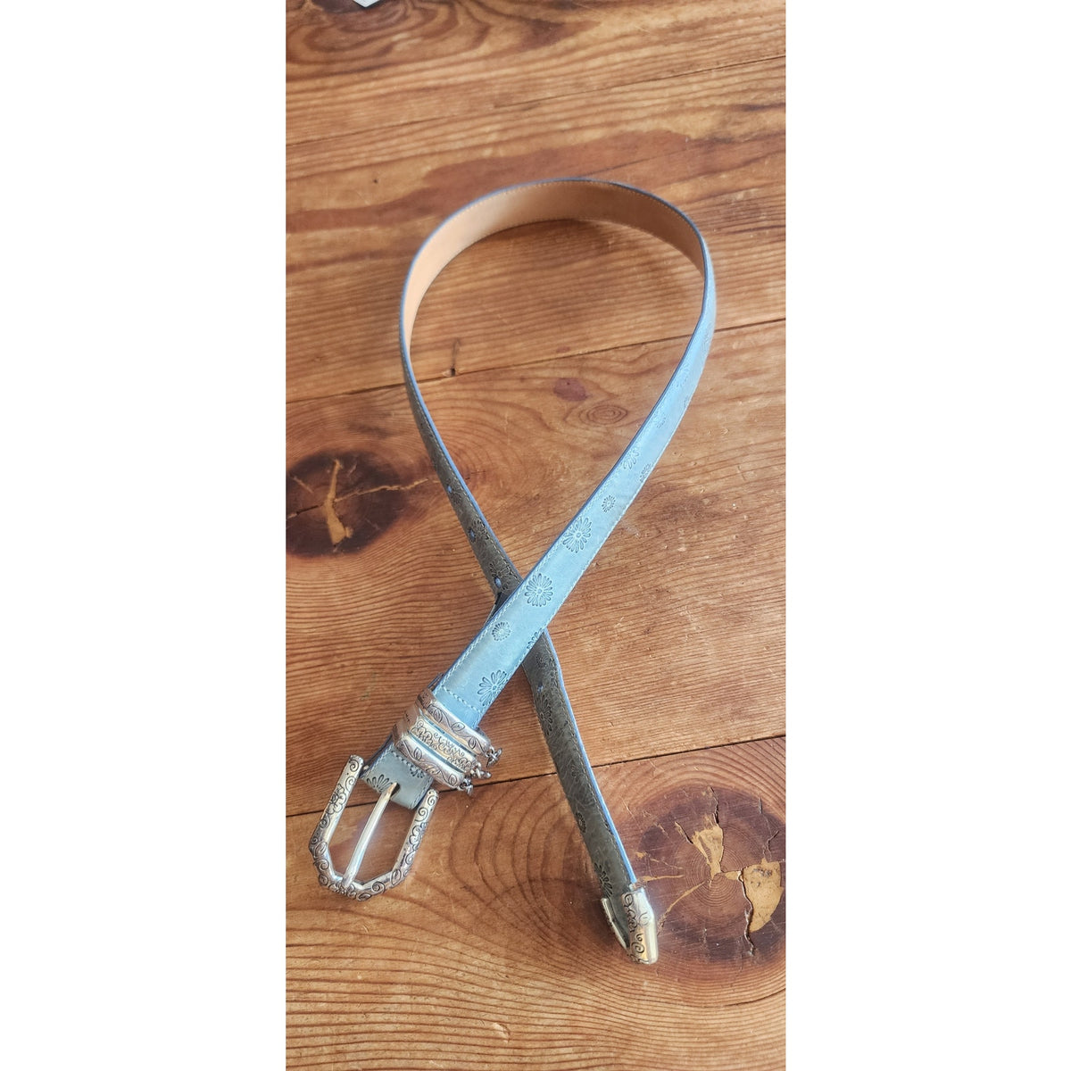 Vintage 1990s Brighton Belt Baby Blue Tooled Leather Silver Charms Waist 28