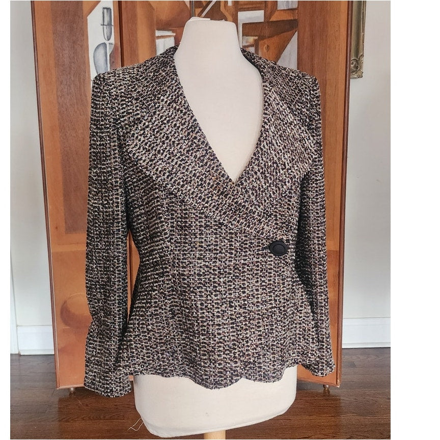 Vintage 2000s Armani Blazer Gray Gold Boucle Tweed Peplum Fitted Jacket / L
