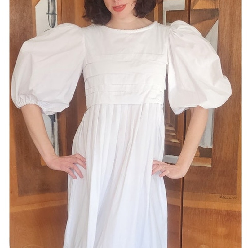 Vintage 80s Barboglio Neiman Marcus White Cotton Puff Sleeve Prairie Peasant Dress