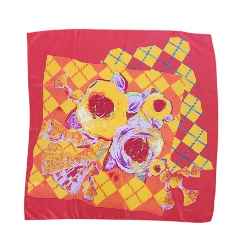 Vintage Emanuel Ungaro Silk Scarf Red Yellow Floral Argyle Print Square Made In Italy