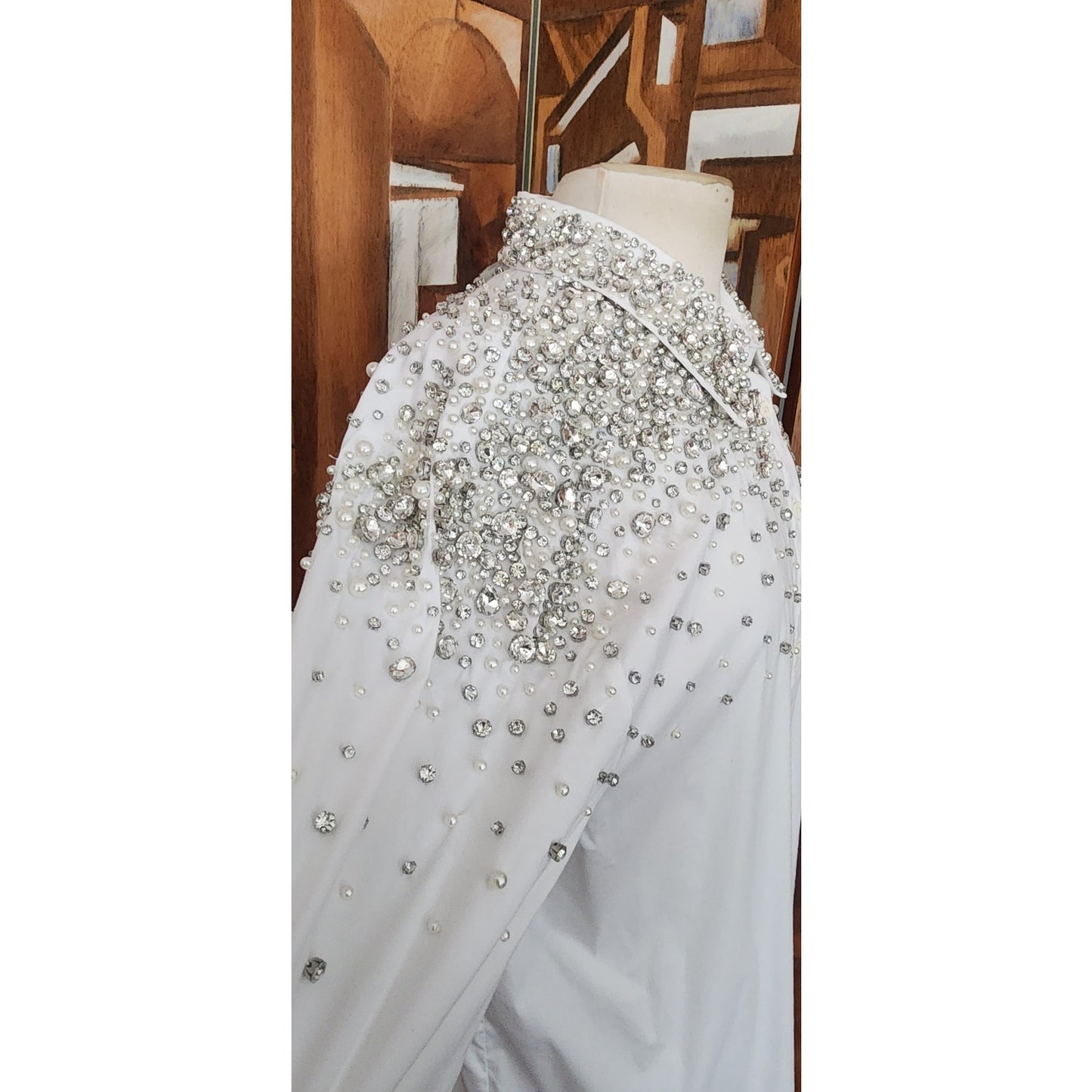 Alice + Olivia White Shirt Embellished Silver Rhinestone Crystal Beads Long Sleeve Button Down