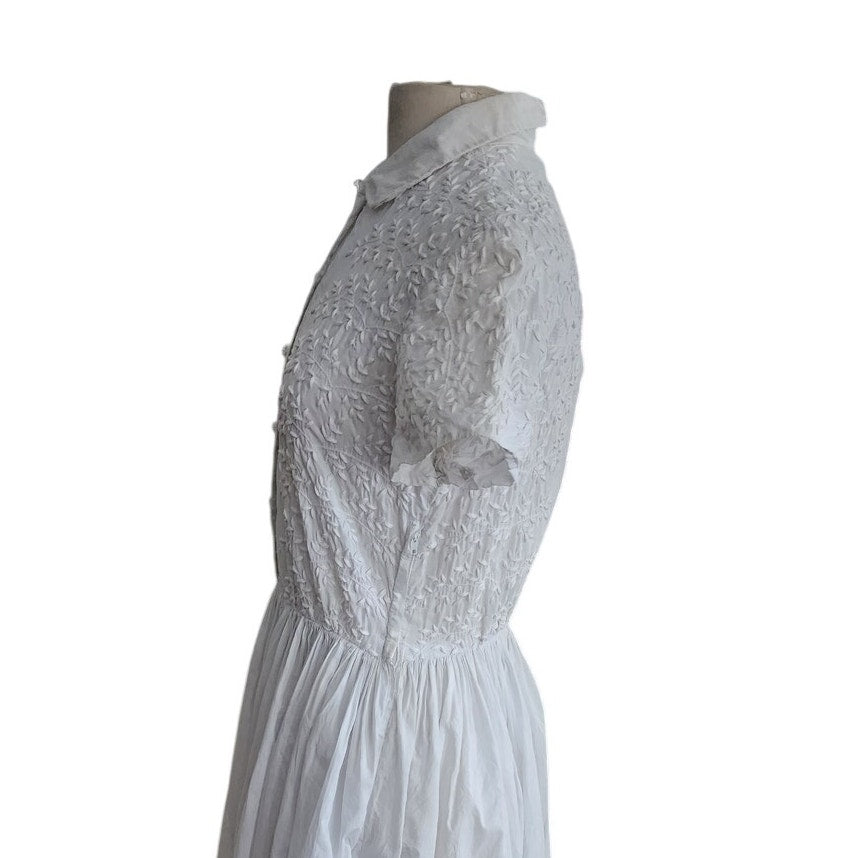 Vintage 50s Shirtdress White Embroidered Cotton Short Sleeve