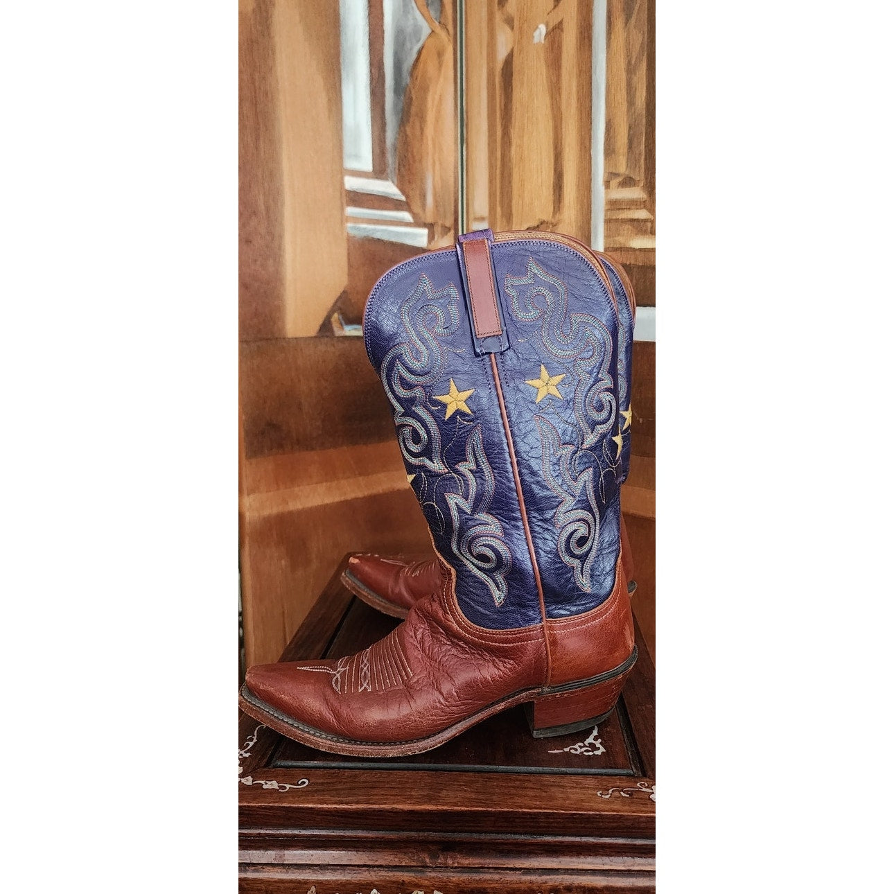 Vintage Y2K Lucchese 1883 Western Boots Blue Leather Star Embroidery Cowgirl Cowboy