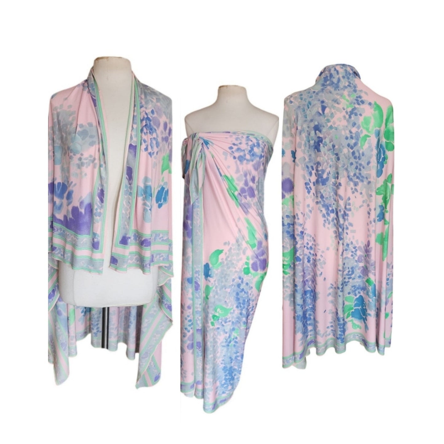 Vintage 70s LEONARD Silk Jersey Shawl Wrap Pastel Floral Print Impressionist