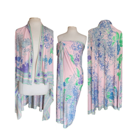 Vintage 70s LEONARD Silk Jersey Shawl Wrap Pastel Floral Print Impressionist