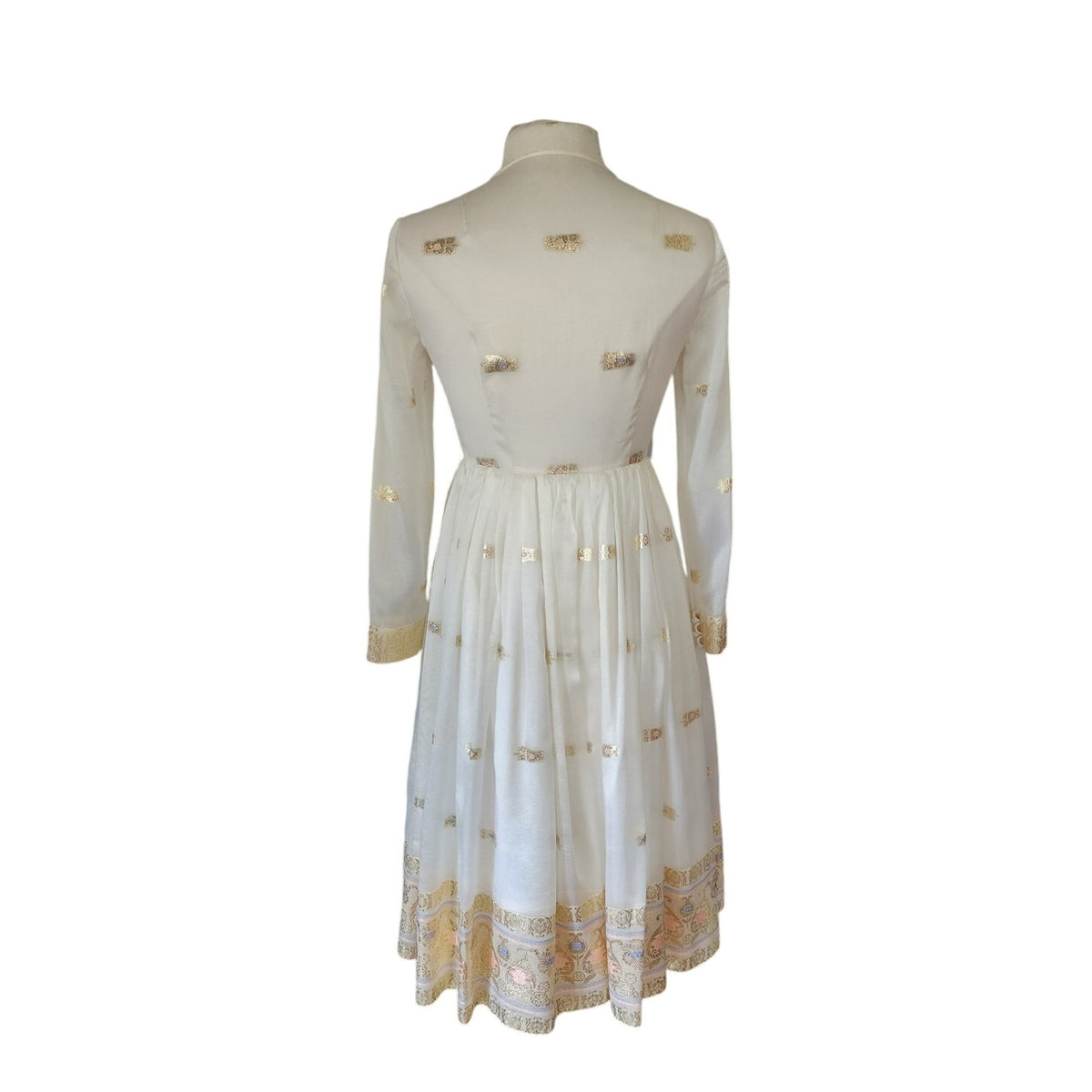 Vintage 1970s Boho Dress White Gold Brocade Embroidery Indian Style Chuck Howard