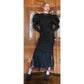 Vintage 80s GALAN0S Couture Dress Black Lace Evening Gown Sculpted Puffed Shoulders